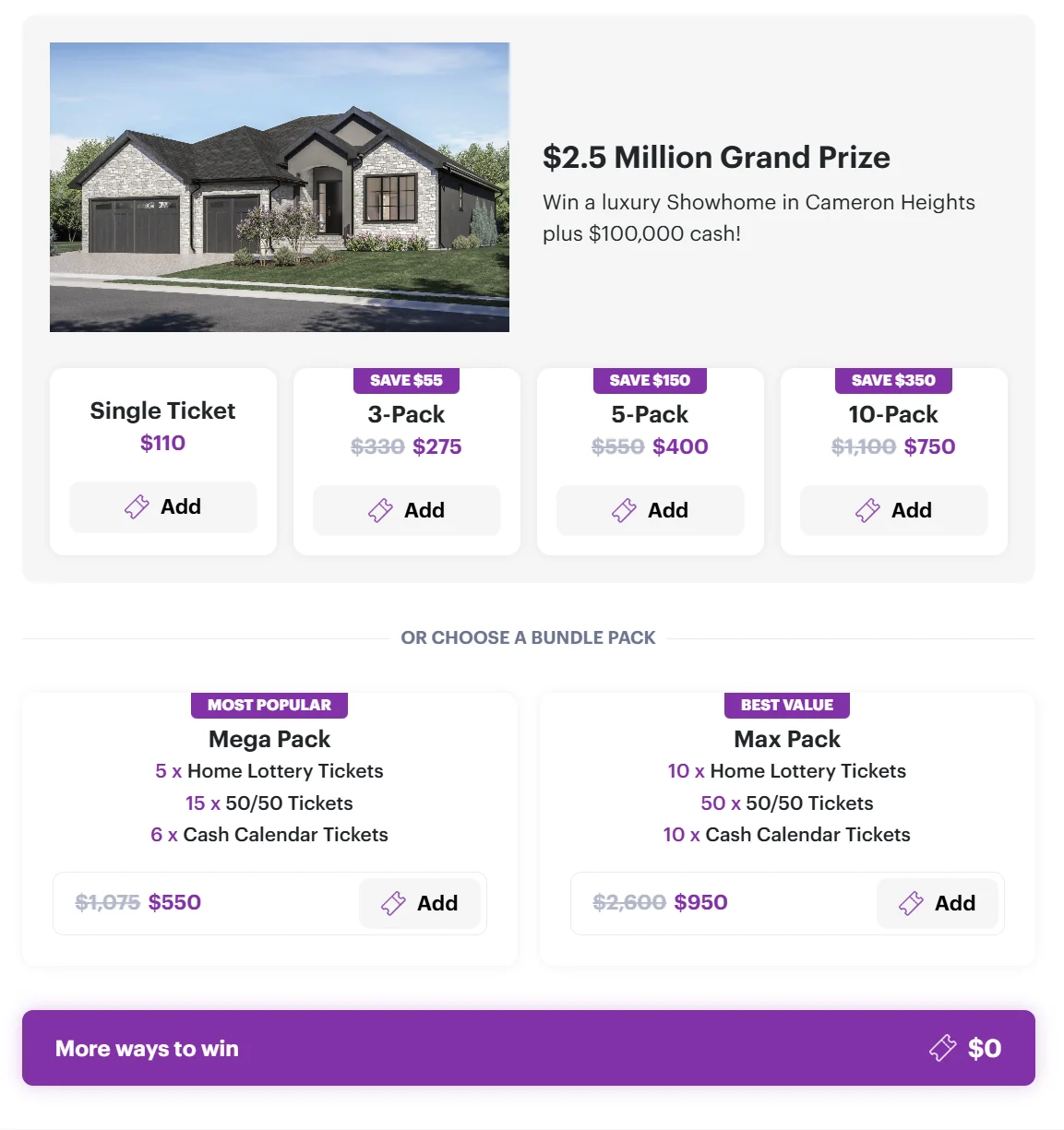 Rhase online ticketing page for a home lottery, showing a $2.5 million grand prize, single tickets and multi-ticket packs, bundle packs and a running cart total